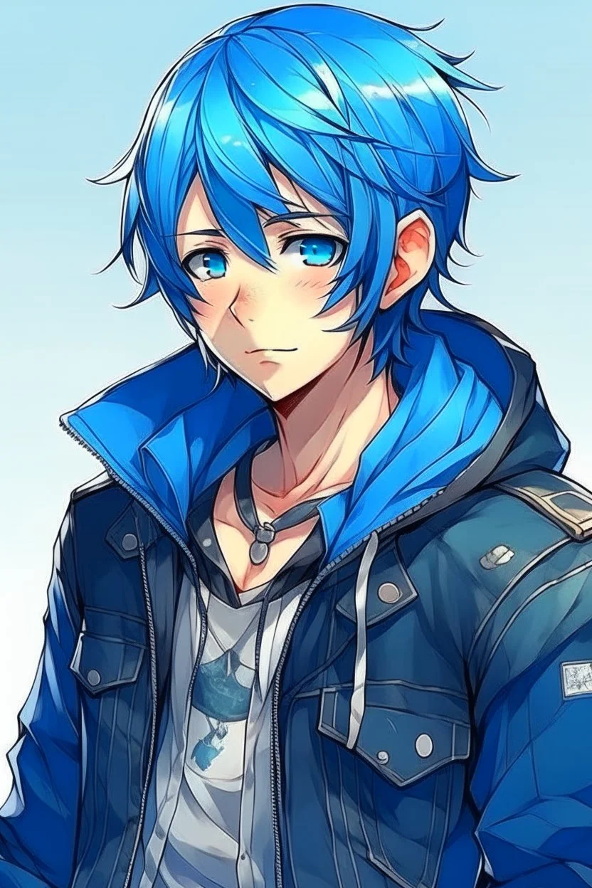 blue haired anime boy in a leather jacket