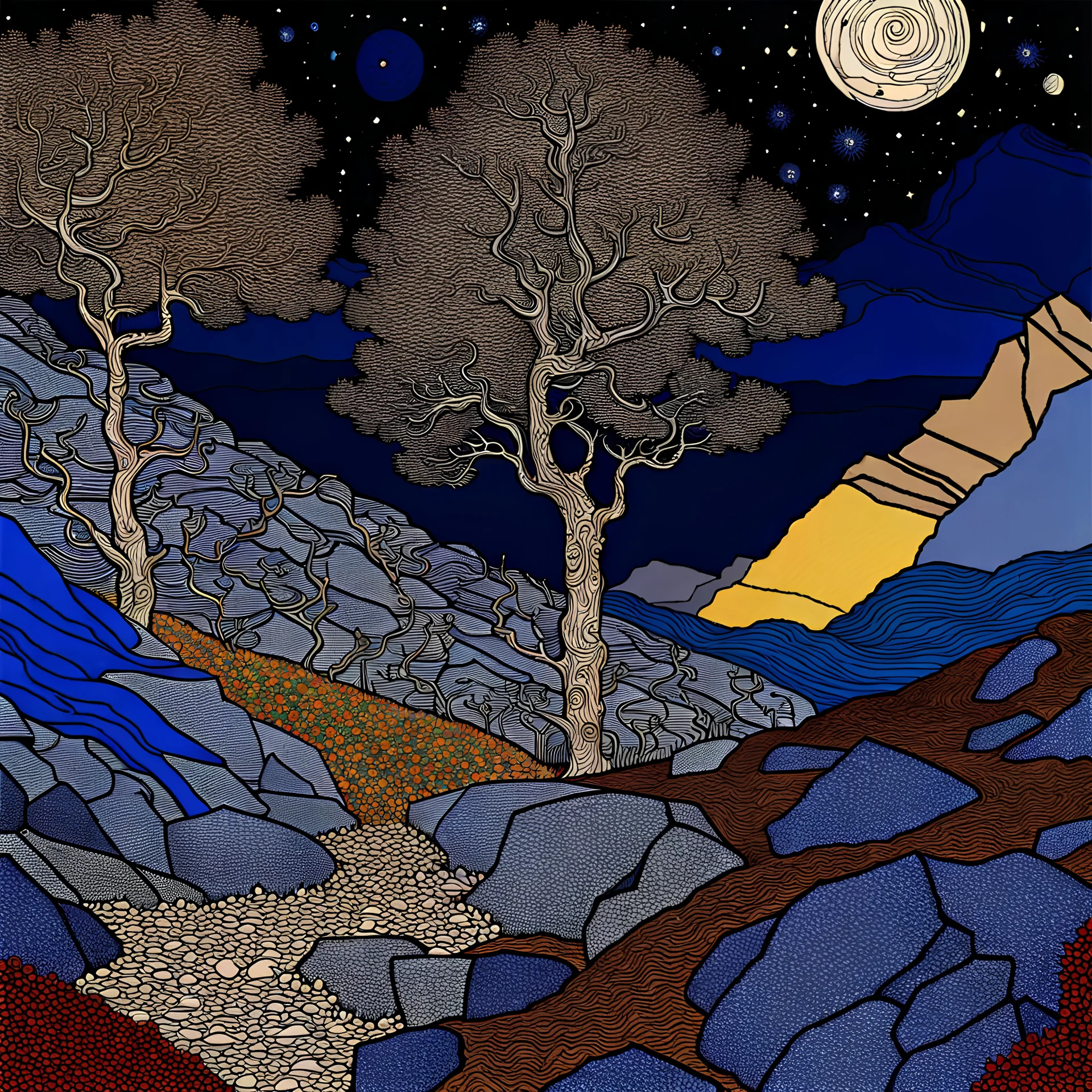 Colourful, peaceful, Egon Schiele, Max Ernst, Vincent Van Gogh, night sky filled with galaxies and stars, rocks, trees, flowers, one-line drawing, sharp focus, 8k, deep 3d field, intricate, ornate