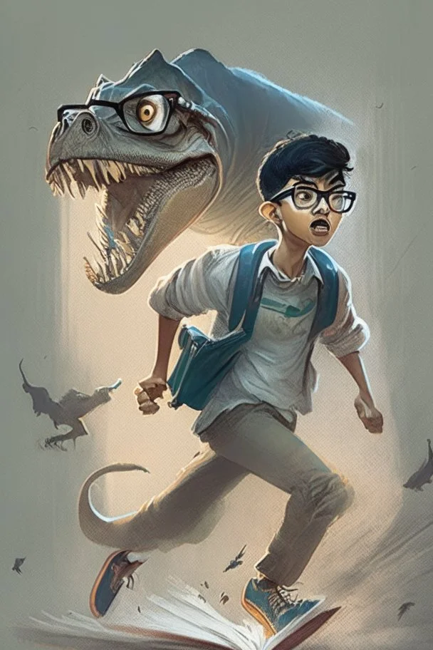 Draw Talha, a young, polite, beautiful, athletic young man, 11 years old, wearing glasses, holding a book, being chased by a T-Rex, with short hair