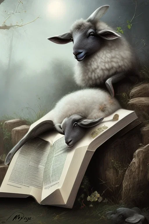 one black sheep reads a book on other site white sheep herd sleep