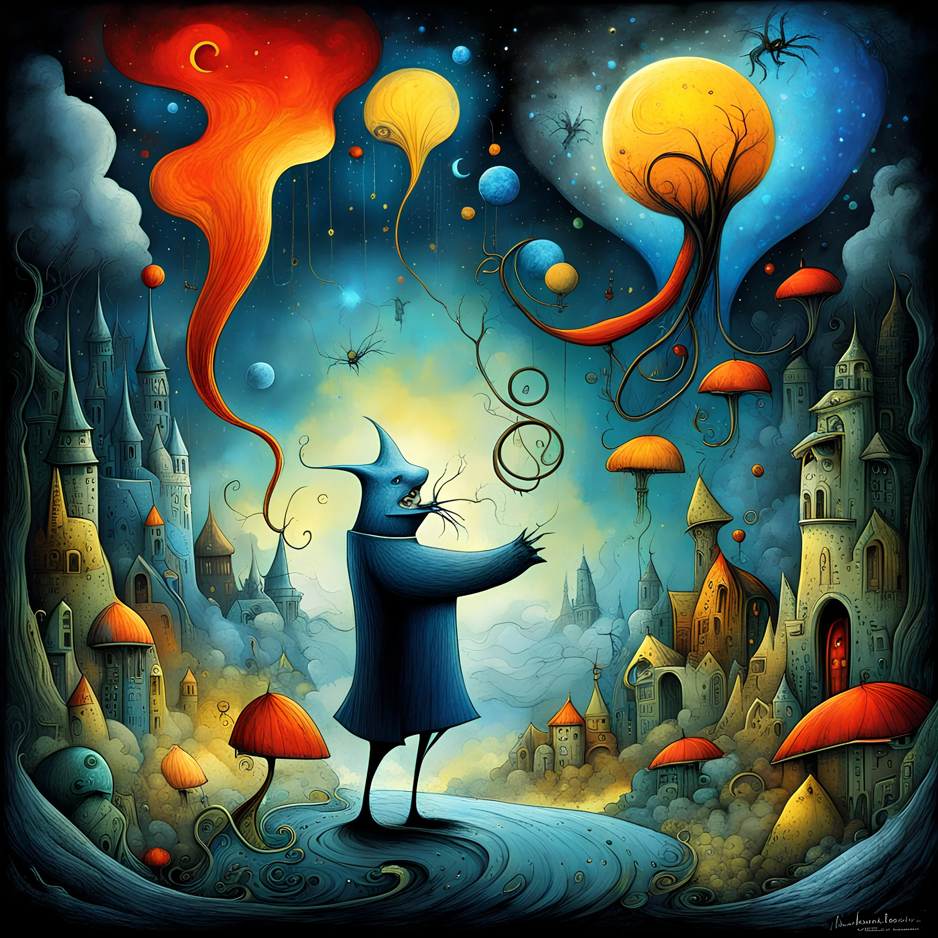 Doch zaubrisch mächt'ge Dinge die können jederzeit gescheh'n, sharp primary colors, Alexander Jansson and gerald scarfe unleash a captivating illustration, a surreal aura dominating the canvas, vivid gestalt random shapes piercing through enveloping darkness brilliantly grounded against the backdrop of an elusive dreamscape, palpable textures, distressing hues, Scarfe's distinctive visceral style, detailed line work, opulent shadows, menacing illusions,