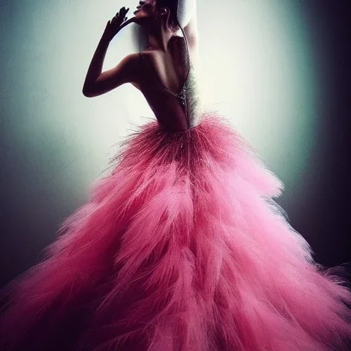 dress made out of feathers, sequins and tulle, stunning colors, chiaroscuro, fashion photography, vogue, dramatic, beautiful lighting, delicate composition, aesthetic, ballerina, ballgown