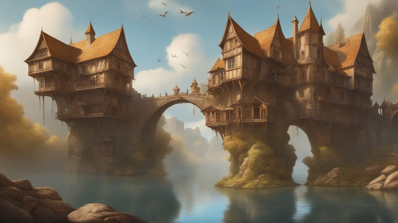 medieval buildings with balconies overhanging lake edge with blue sky and people, photorealism, fantastical, intricate detail, splash screen, concept art