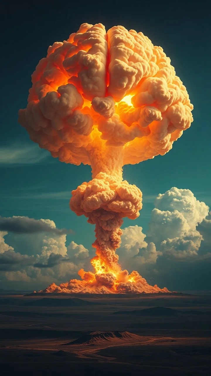 nuclear explosion cloud, the top is crossed with a human brain