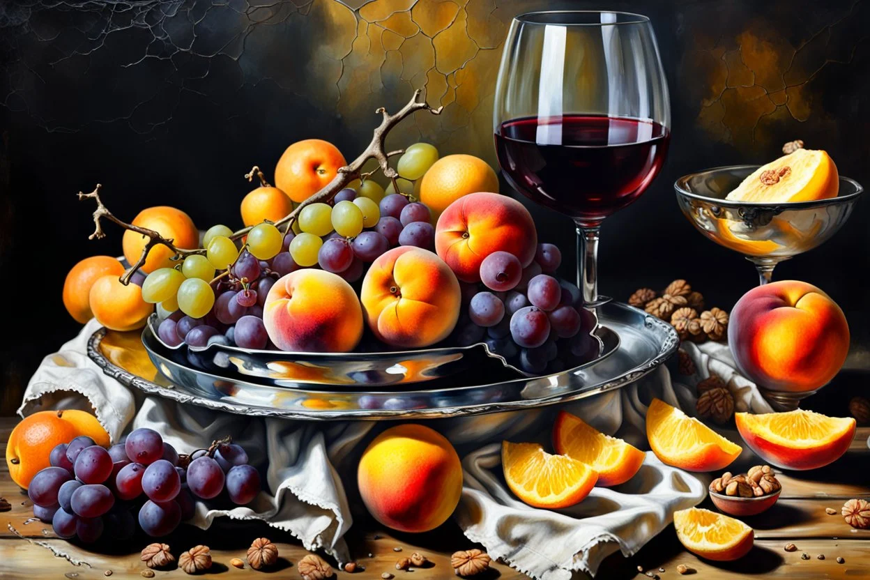 Create a masterpiece an oil painting on cracked canvas: of a Gleaming melting chrome serving tray with spent wine, partially decayed grapes, peaches, oranges, lemon's, walnuts, discarded dry stale bread and mouldy cheese, cloth draped over an old wooden ultra textured table, ultra-realistic portrayal, 8k resolution, rich cool tones, intricate textures, reflections, flawlessly polished exteriors, rule of thirds futuristic concept art of a still life Masterpiece. Modifiers: trending on Artstation