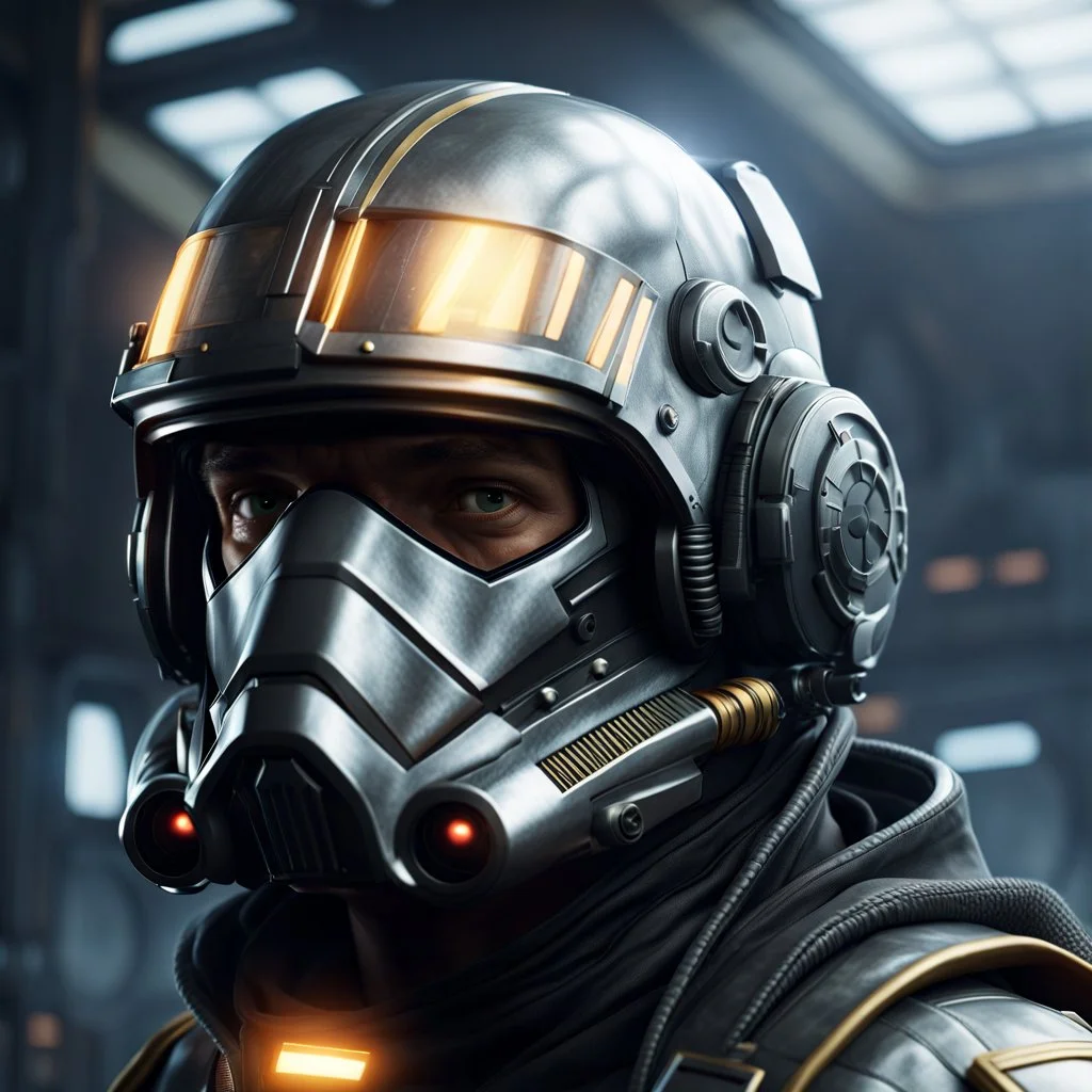 star wars bald male corellian pilot wearing dark gunmetal grey and black First Order special forces TIE pilot armored flightsuit and helmet with gold trim inside the jedi temple, centered head and shoulders portrait, hyperdetailed, dynamic lighting, hyperdetailed background, 8k resolution, volumetric lighting, light skin, fully symmetric details