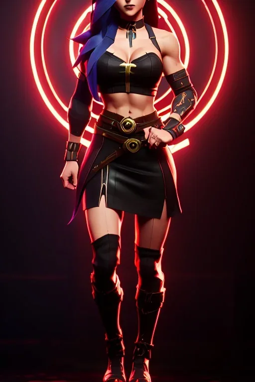 j.scott campbell, serena from mortal kombat, full body portrait, lathe build, wearing black and red mini skirt and crop top, big eyes, long black hair with red streak, small up turned nose, large breasts, small waist, round butt, standing, dark cobblestone alley, one halo white light behind head, non photorealistic rendering