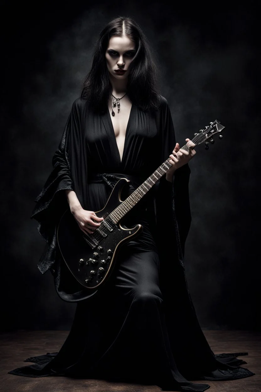 pretty goth girl(dressed in black flowing robes) facing viewer, playing electric rock guitar, leaning back, dark background, photo realism