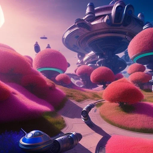 Spaceship landed on futuristic planet, sunny day. clear blue sky, cascade, flowers. Elegant. Extremely detailed. Award winning photography. Fantasy. 8k. Cinematic lighting. Photorealistic. Dynamic lighting. Imperial colors. Crisp quality. Unreal Engine. Colourful cinematic postprocessing. Pixar. VRay.