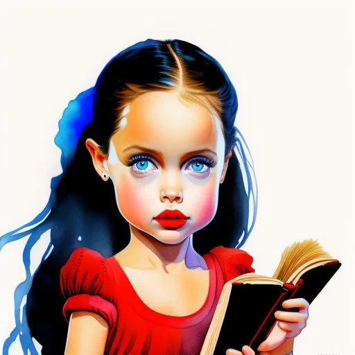 Actress Angelina jolie as a toddler, pony tail, big blue eyes, big lips, with a book, , illustrated by Marcel Marlier, red dress, watercolor, vintage