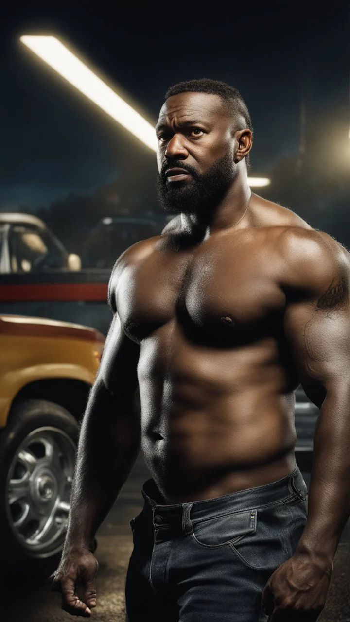 strong burly beefy nigerian mechanic 44 years old, curly hair, wet, short white beard, manly chest, hairy, shirtless in bulging dirty white boxer, big shoulders, tattoo, big calves, barefeet, angry, photorealistic, side light, inside a dark parking lot at night, side neon light, photoRealistic, side view from the ground