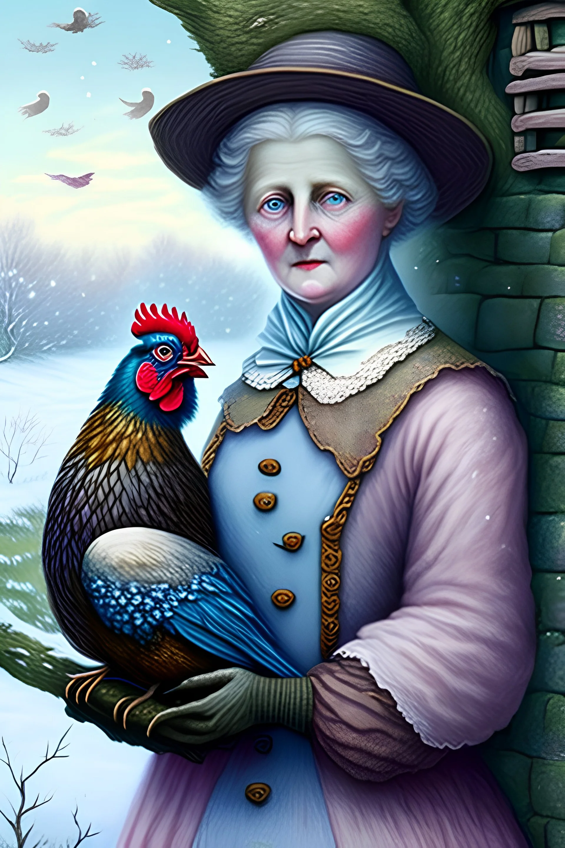 Friendly witch, playing with hens, perfect eyes, pastel colours, snow, style Beatrix Potter