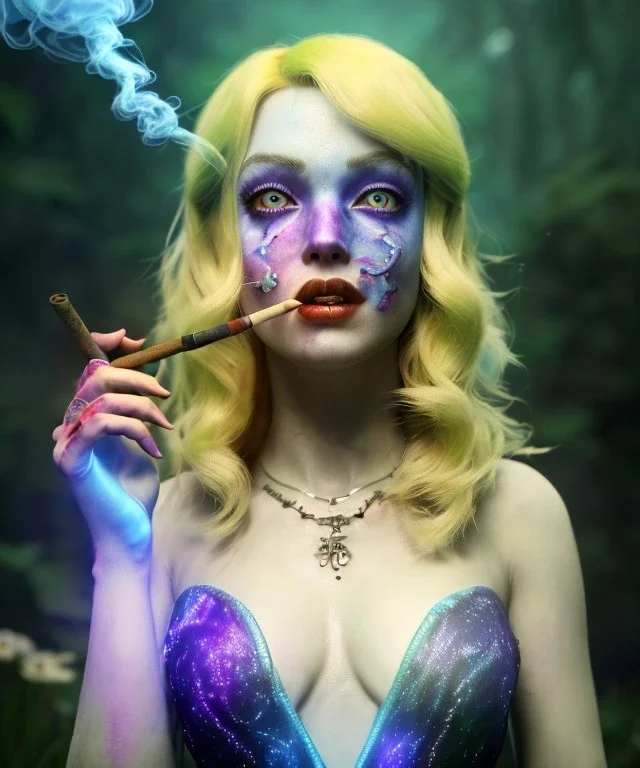 Ultra realistic wonderland photo, happy blonde woman smoking a shisha, perfect iris, glow eyes, blue dress, big purple-cat friend, circus dress style, old school tattoo, smoke, marijuana garden, glow eyes, perfect iris, soft color, highly detailed, unreal engine 5, cinematic, ultra detail, volumetric lighting, high definition.