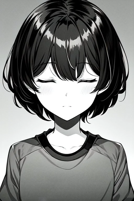 short hair girl, closed eyes, close-up, greyscale