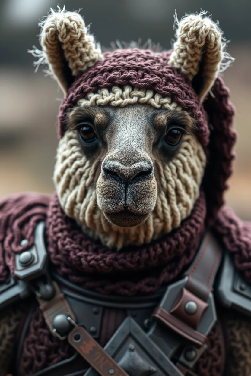 Knitted lama ding dong thief in full armour. Close up portrait. Afraid to fail, afraid to dive within. But still smiling.