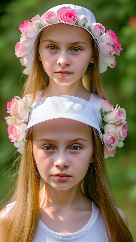 A 7-year-old little girl from Russia holds a lot of roses and puts them on her face, wears a plain white bucket hat, puts roses in front of her face so that her face is not visible, (many flowers: 1.2), soft light, golden hour, upper body, HDR, 8K, Natural Skin Texture, AO, Complex, Highly Detailed, Sharp Focus, Crazy Detail, Intricate Detail, Highly Detailed, The Girl Looked Down