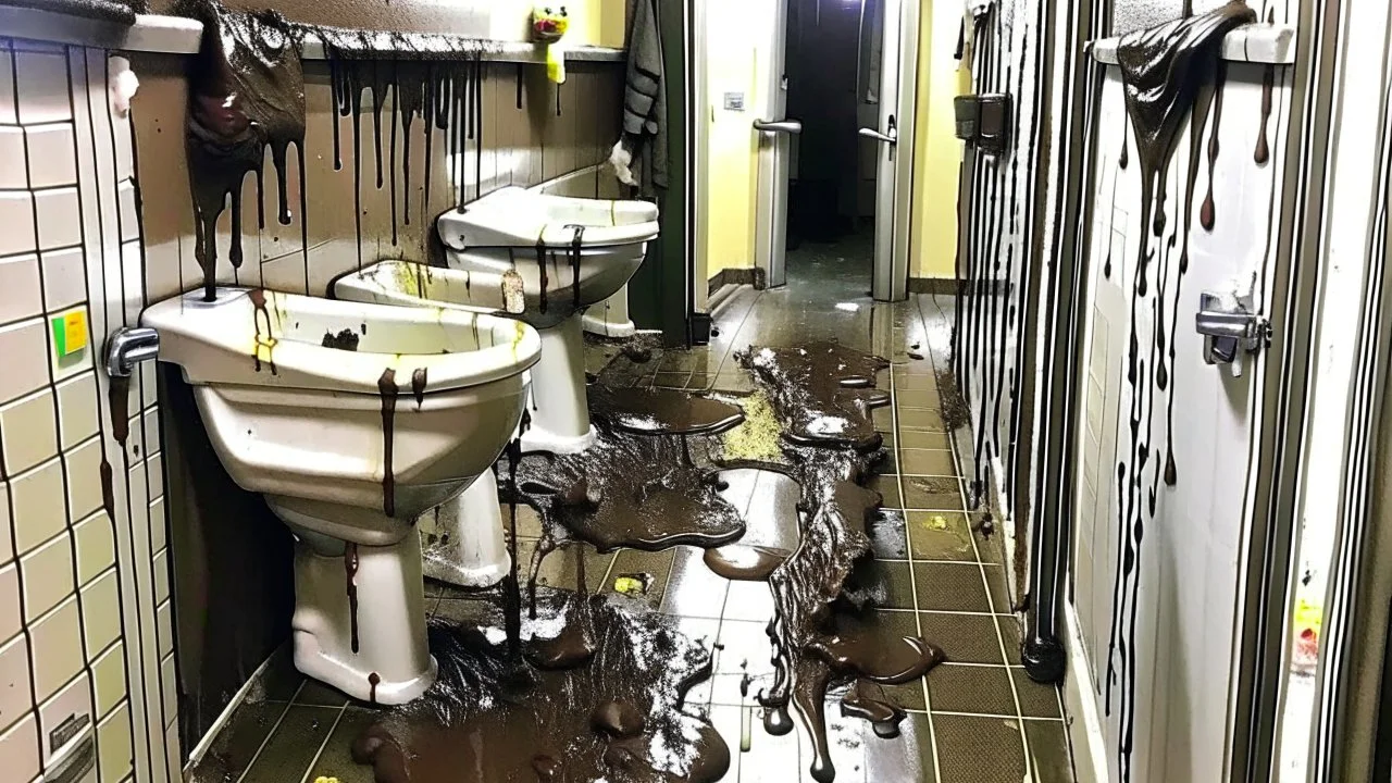 hundreds of feces starts to come out of the clogged toilet of black water and overflows into the hallway where woman is crying