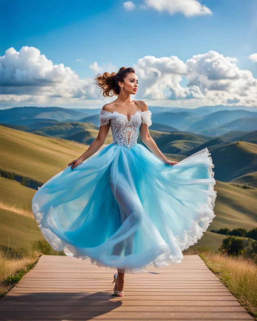 full-body closeup shot of a young, beautiful girl with a perfect face and makeup,wearing pretty dance dress standing in a stage in open air nice hills , blue sky ,pretty clouds at distant