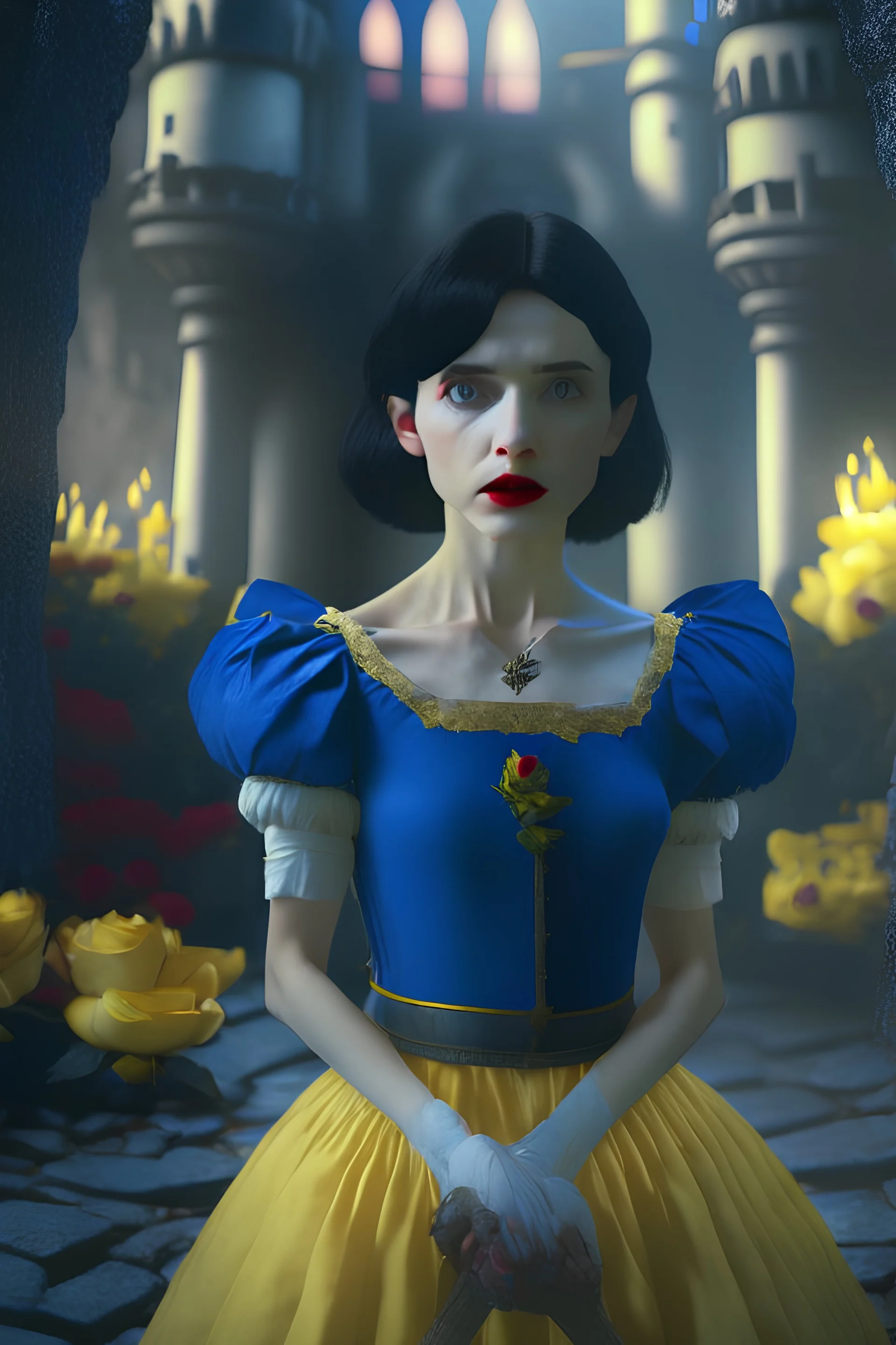 4K Ultra-HD, Hyper realistic, cinematic lighting -- Snow White, short, bowl-cut black hair, blue eyes, Yellow skirt, blue blouse with short poofy sleeves, extremely pail skin, Rose pedals, wild animals, Castle, Full body image -- 4k, stunning, dramatic lighting, dramatic background, cinematic, atmospheric, very detailed, historic, powerful, octane rendering, exquisite detail, 30 - megapixel, 4k, 85 - mm - lens, sharp - focus, intricately - detailed, long exposure time, f8, ISO 100, shutter - s