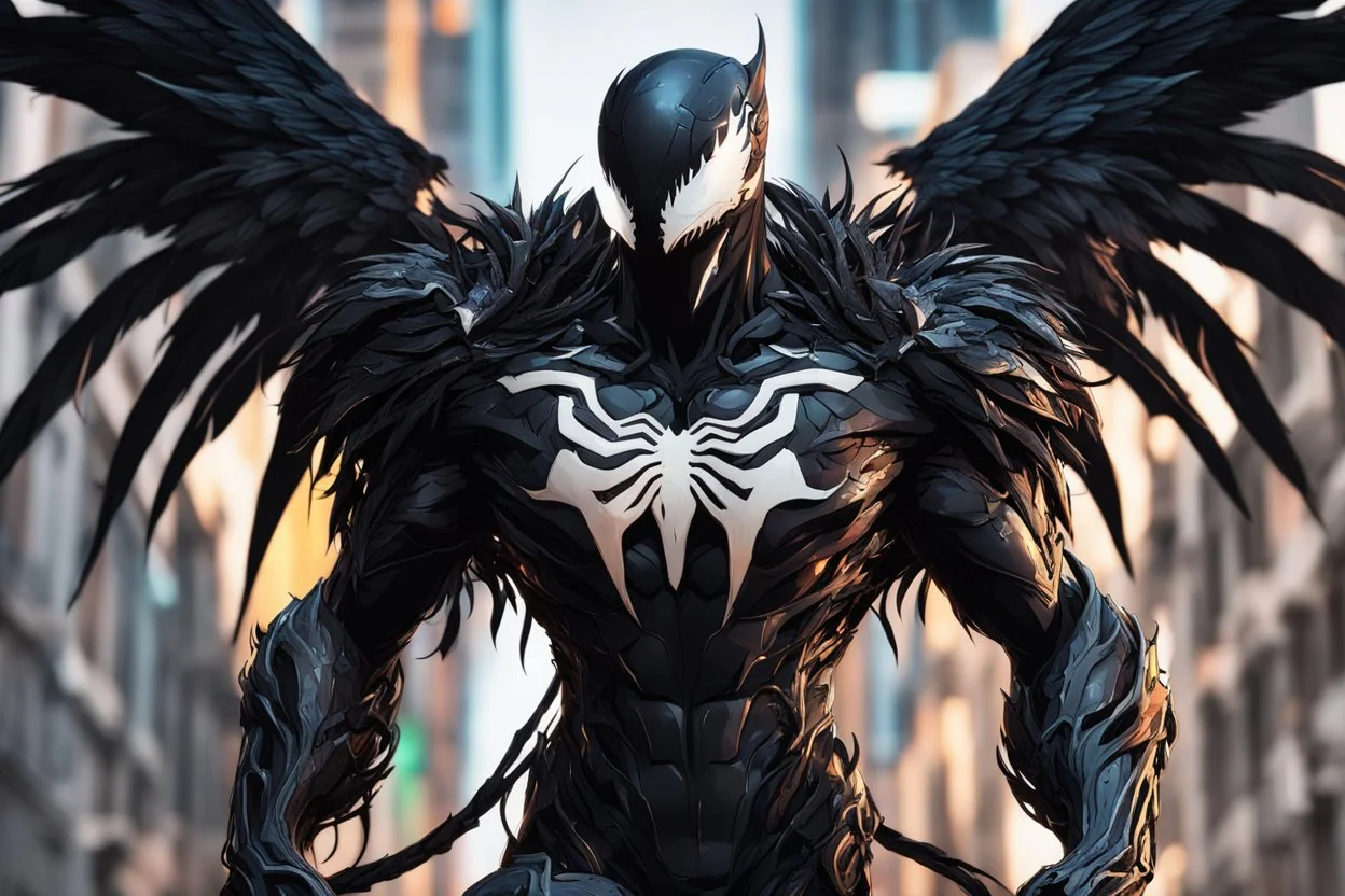 Venom machine in 8k solo leveling shadow artstyle, crow them, feathers, big wings, neon effect, close picture, full body, apocalypse, intricate details, highly detailed, high details, detailed portrait, masterpiece,ultra detailed, ultra quality