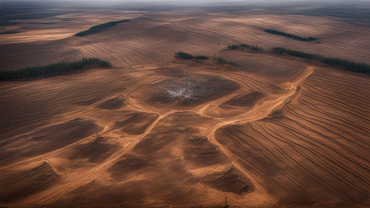 Climate change. Aerial view of a deforested area, with only a few scattered tree stumps remaining amidst the barren, exposed soil. Heavy machinery stands idle, and the surrounding forest appears dense and untouched, contrasting sharply with the cleared land. Beautiful award-winning photograph, shocking, rule of thirds, balanced delightful composition, perfect lighting, superb detail, 16k render