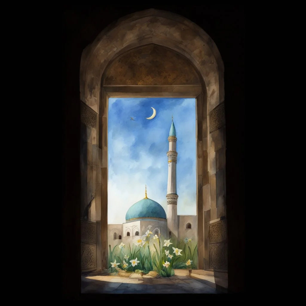 jamkaran mosque in Iran has more blue green color and gold for pattern islamic in the dome . one big domes with beautiful lighting . white Daffodil flower in the floor , clouds with small birds in sky with crescent moon of ramdan . painting watercolor ,simple and islamic style , Painting watercolor