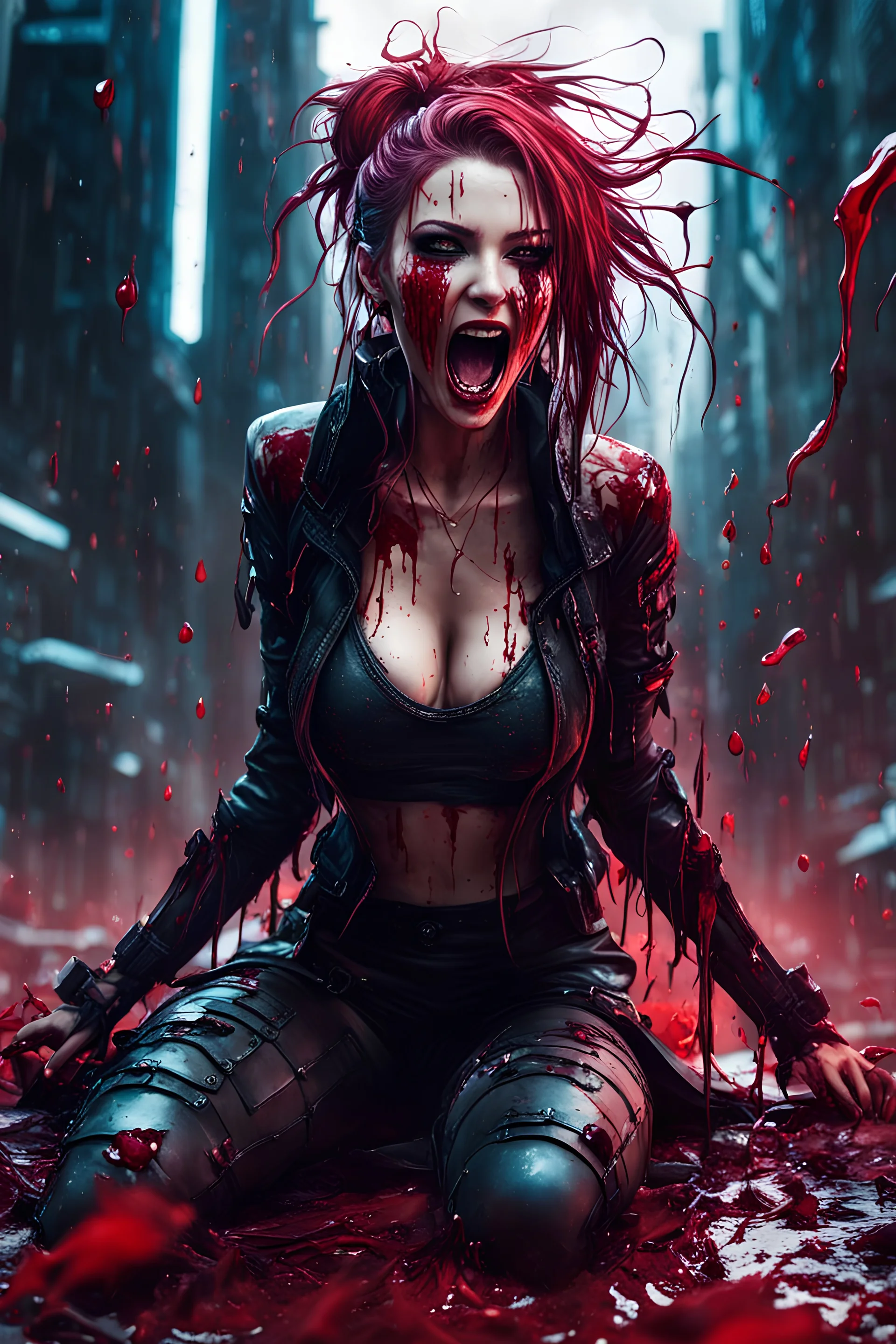 beautiful cyberpunk girl, screaming, tears, siting pose, fullbody, splashes blood, behind guts rising from the ground, intricate, darkred tones, macro photography,