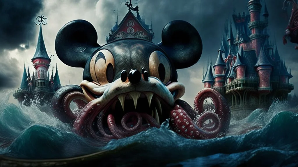 kraken octopus mickey mouse hybrid, photorealism, horror, evil, hungry, high resolution, attacking the happiest place on earth