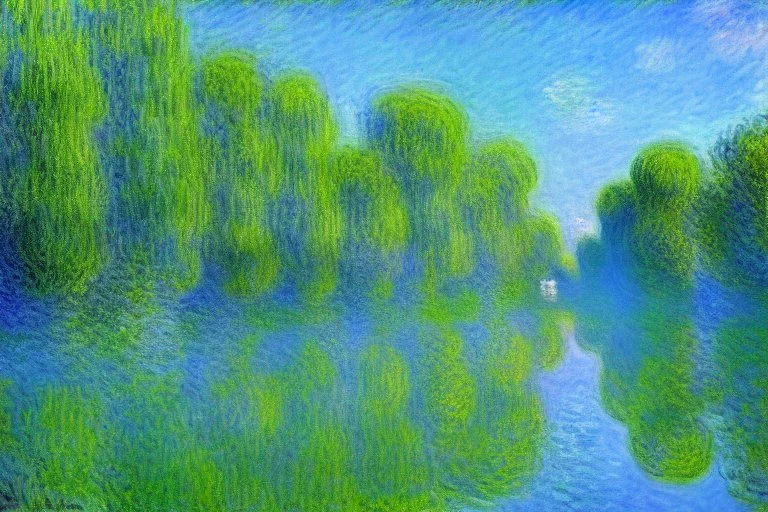 City near trees, Photography, hyperrealism, claude monet impressionism painting