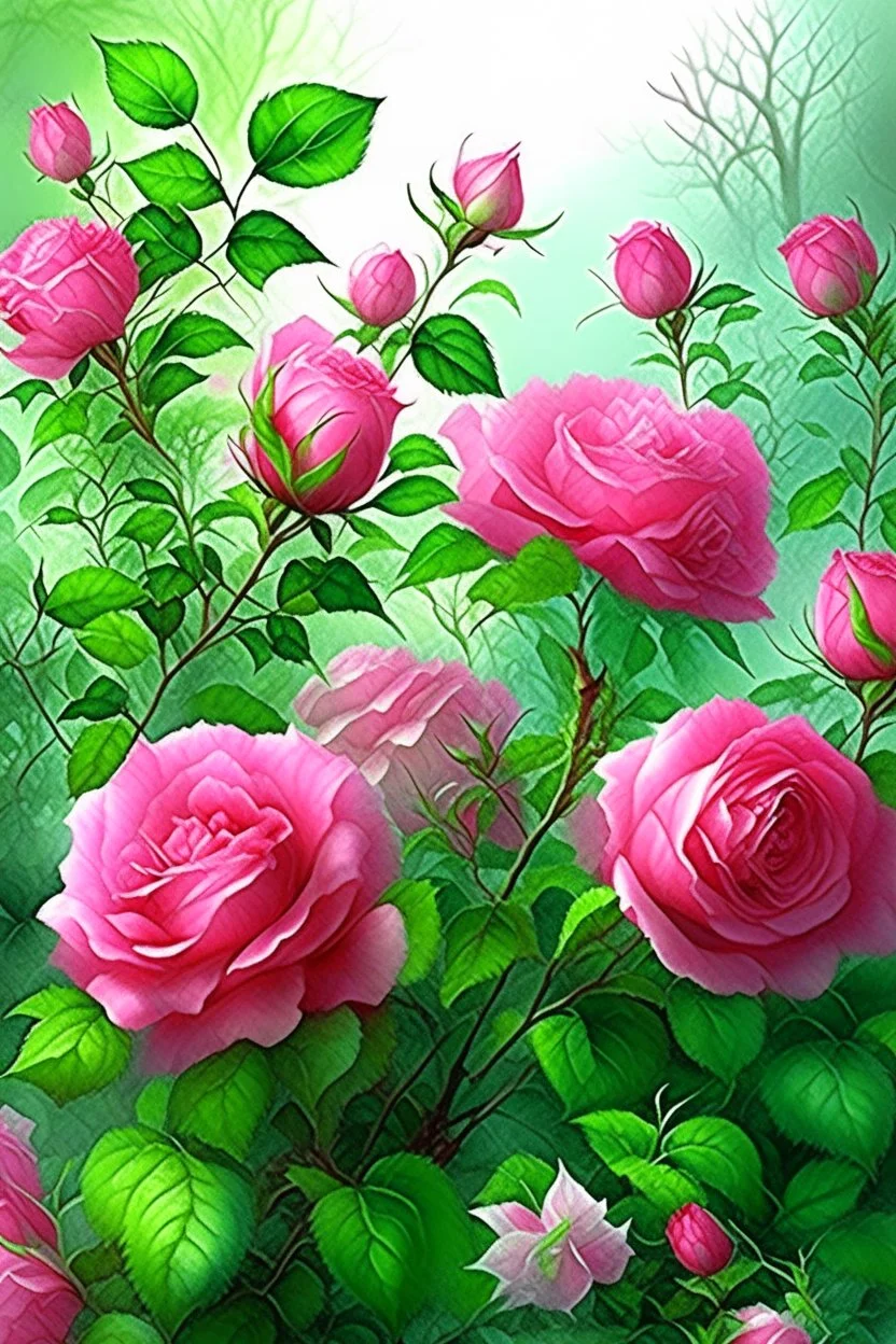 Watercolor, a bush of bright pink tea roses strewn with flowers, ultra-detailed, morning, rain, greenery, beautiful landscape, fog, many details, delicate sensuality, realistic, high quality, 3d, work of art, filigree, misty haze background, professional, transparent, delicate pastel tones, back lighting, contrast, fantastic, unreal, translucent, glowing, clear lines, epic fabulous, fabulous landscape, hyperrealism