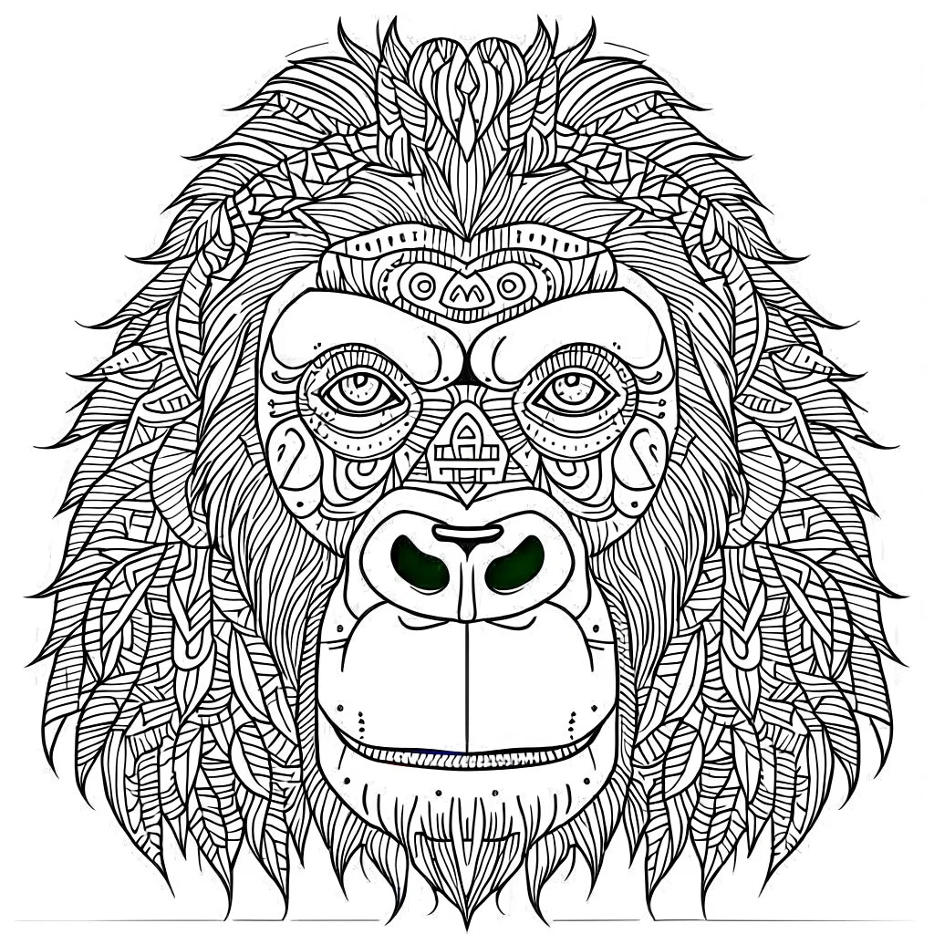 gorilla, realistic, coloring page, Animal, mandala, only draw lines, coloring book, clean line art, wildlife-inspired, kid style, –no sketch, color, –ar 3:4, white background, minimalistic black lines, 8k, minimal black color, low level black colors, coloring page, use pure black and white colors, avoid thick black colors, thin black line art, avoid colors, perfect shape, perfect clear lines, clear edges, fill total edges, exact perfect edges, not use black colors, dont use black colors