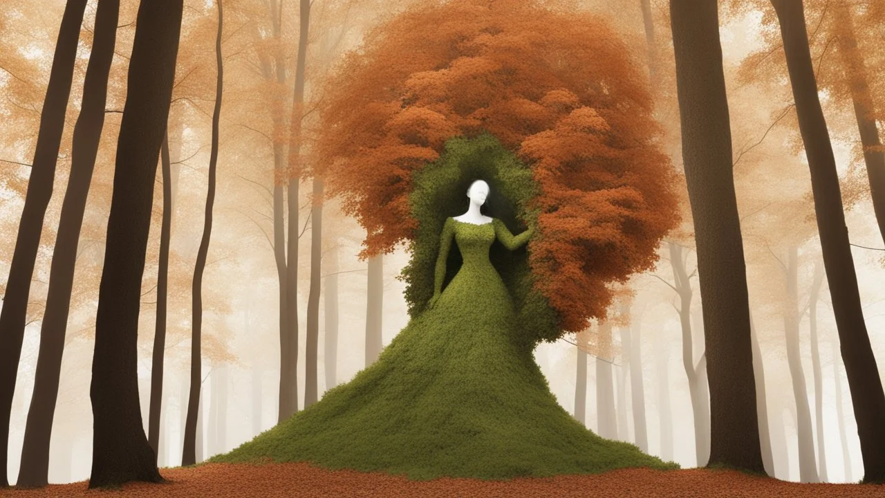 woman in a dress made of leaves, growing out of a tree in a woodland