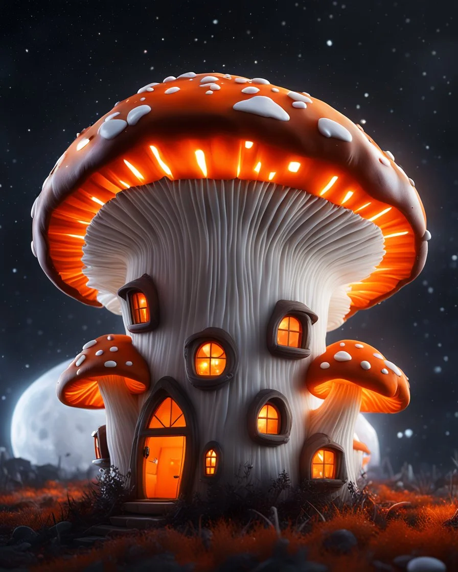 An illogically floating mushroom house on a clear night. white and white and orange, Stars Dark cosmic interstellar. Detailed Matte Painting, deep color, fantastical, intricate detail, splash screen, hyperdetailed, insane depth, concept art, 8k resolution, trending on Artstation, Unreal Engine 5, color depth, backlit, splash art, dramatic, High Quality Whimsical Fun Imaginative Bubbly, perfect composition