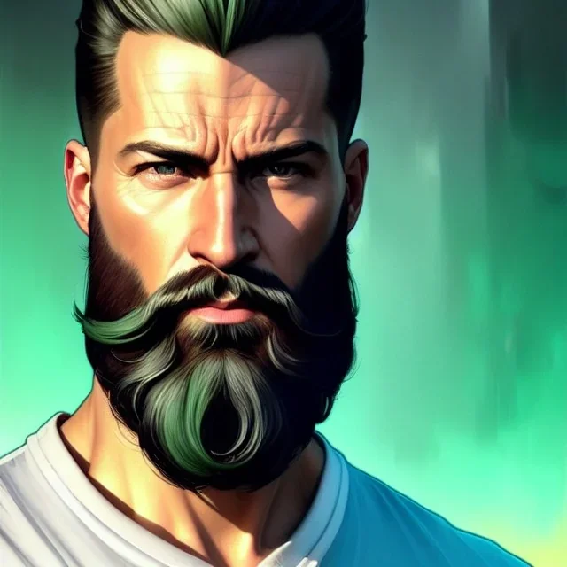 "MIddle aged white human male, with a trimmed but uneven beard, piercing green eyes with slick back hair,complete head and shoulders portrait, 8k resolution concept art portrait by Greg Rutkowski, Artgerm, WLOP, Alphonse Mucha dynamic lighting hyperdetailed intricately detailed Splash art trending on Artstation triadic colors Unreal Engine 5 volumetric lighting Splash art fantasy"