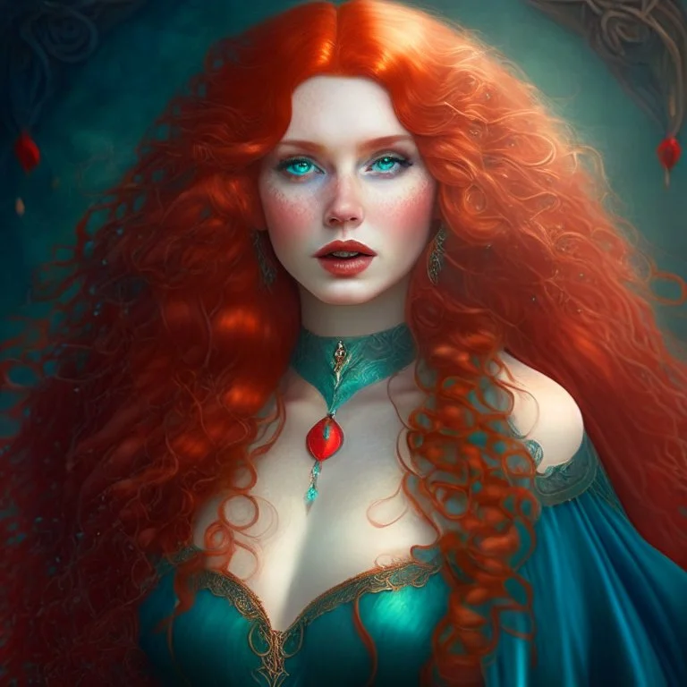 Dress, long ginger hair, Noble, Pale skin, Fantasy, Woman, large chest, turqouise eyes, frizzy, large hair, Blood red details, Curvy body