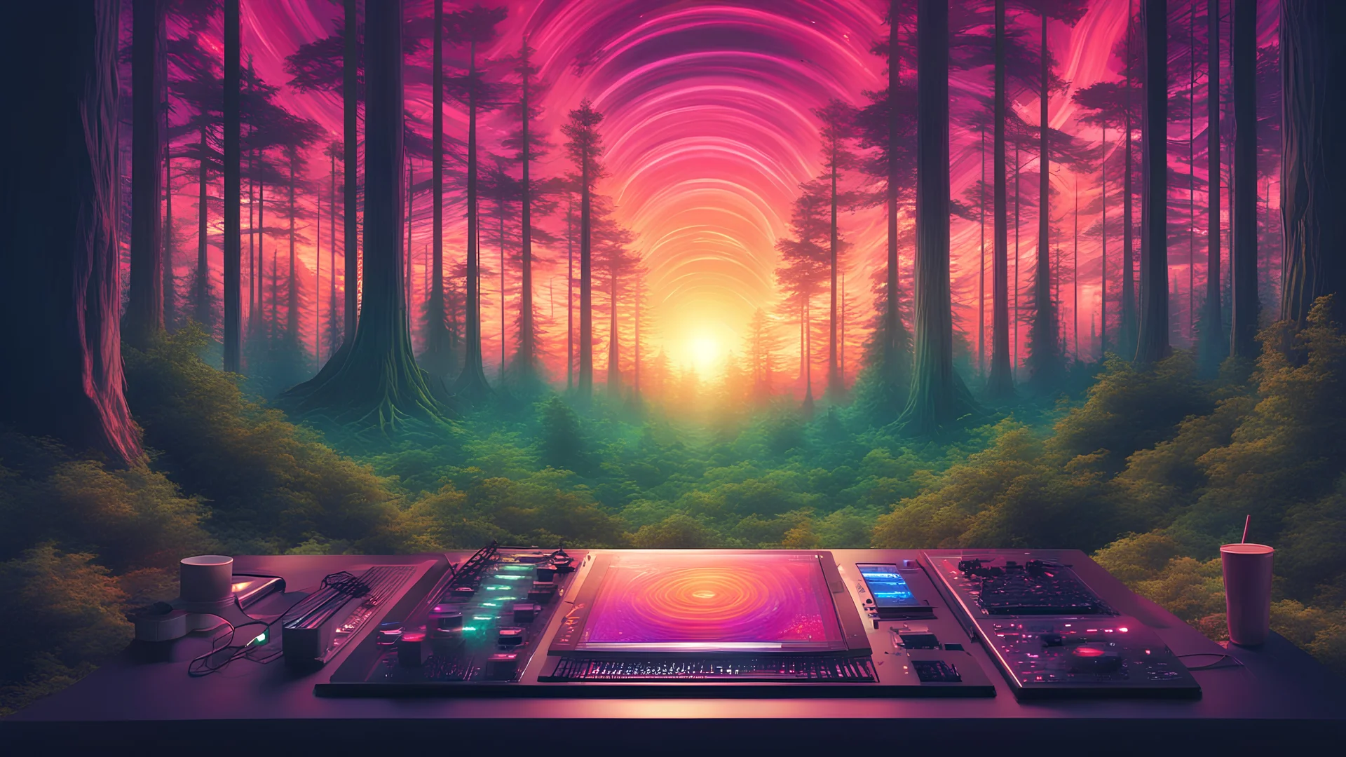 The room of a trance techno DJ who go to the forest looking for inspiration, he's trying to make music using generative AI and the landscape of the forest in the sunset is his inspiration during a Psychodelic trip
