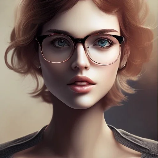 Woman, short brown hair, glasses, book in the hand, beautiful face