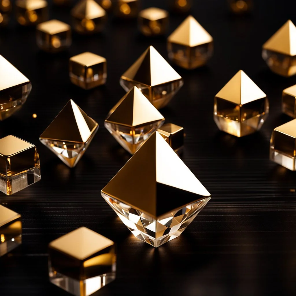 array of crystal pentagonal pyramid and golden sphers, which reflects the modern city environment in modern city escape , transforms into array of crystal cubes.