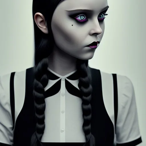 wednesday addams, wednesday addams hair, wednesday addams, make up, wednesday black dress, cinematic, hyper detail, 8k resulation