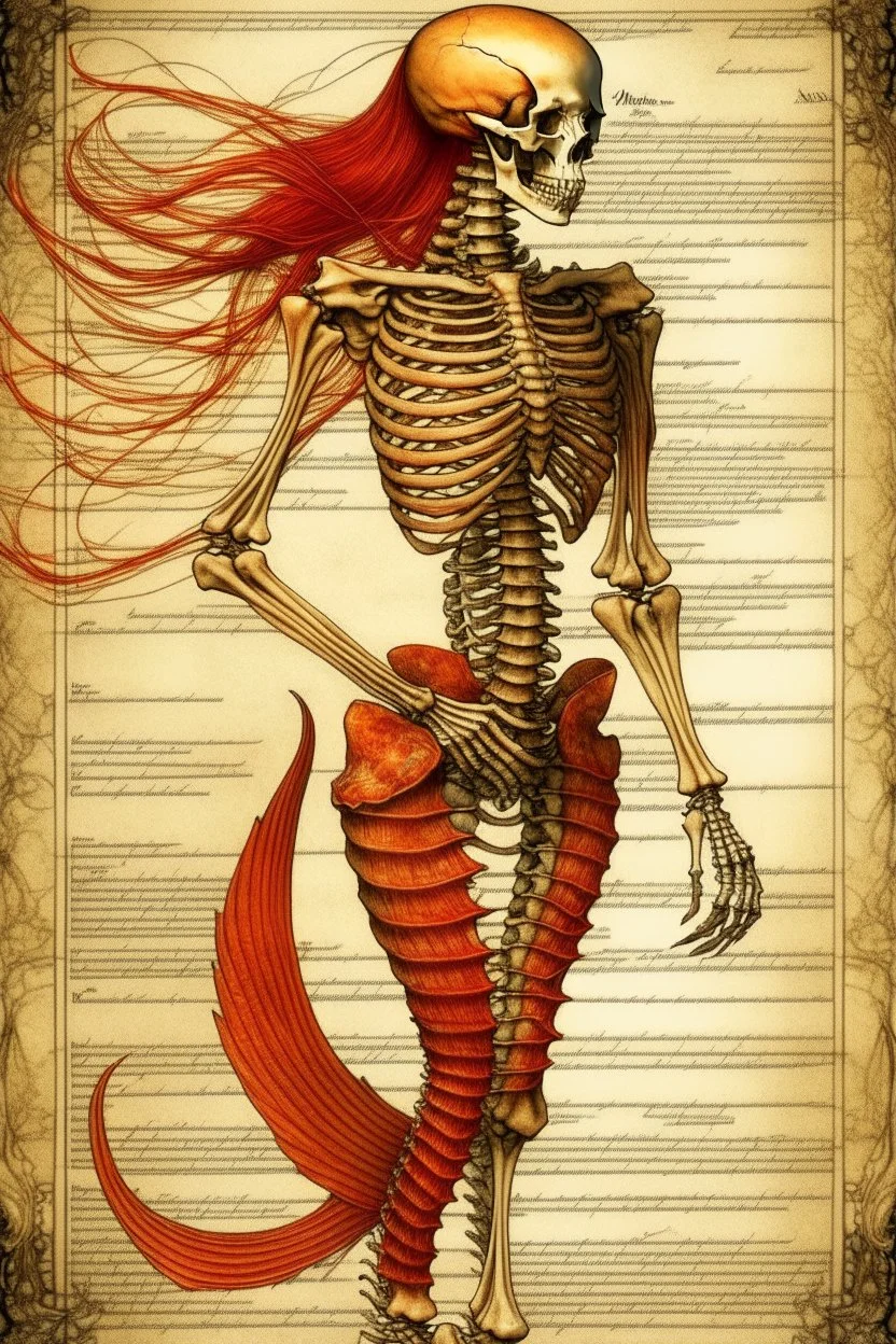 captivating anatomical illustration of a humanoid skeleton fused with a mermaid's tail, set against a vintage paper backdrop. The skeletal structure is intricately detailed, with exposed muscles and tendons, while the mermaid's tail is brilliantly colored in reds and oranges. Handwritten notes and sketches in an old-world script adorn the paper, hi