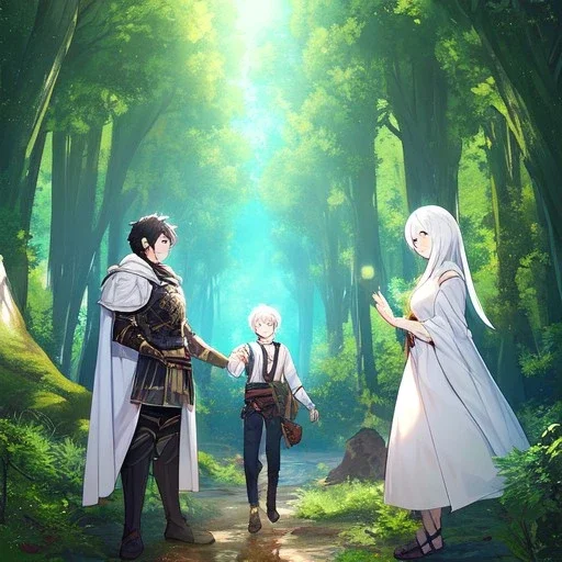 Girl with white hair wearing white robes. Boy with black hair wearing leather armor. Forest path