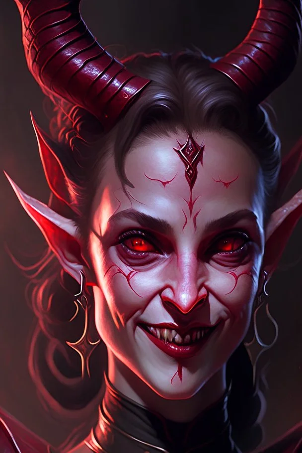 Portrait of a Dungeons and Dragons Tiefling girl with deep red sin, pretty, beautiful, symmetrical horns protruding fromn forehead, devil horns, smile, epic lighhting, cinematic, fantasy, , high quality, best quality, high definition, masterpiece, 8k, artstation, artwork, concept art