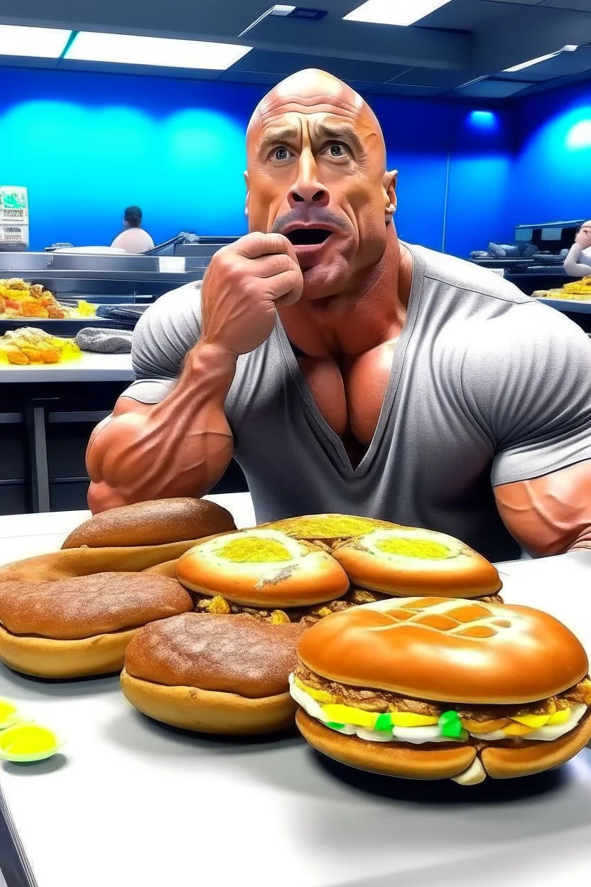 The rock in his wrestling ring, eating donuts