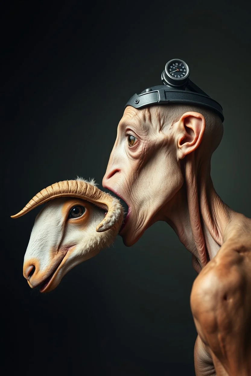 ("yummy yummy")side profile, with heading (autofarm) in poster form,a portrait of a very very skinny head mechanic sheepman, man is eating a hybrid mixed body part sheep, giant eyes sheep alien style H.R giger look. as one headed mouth open, rough teeth, turn head, (&*&*^%$^#%$#%$^%$#^#$#^%#$^$#&#^46747854784846857