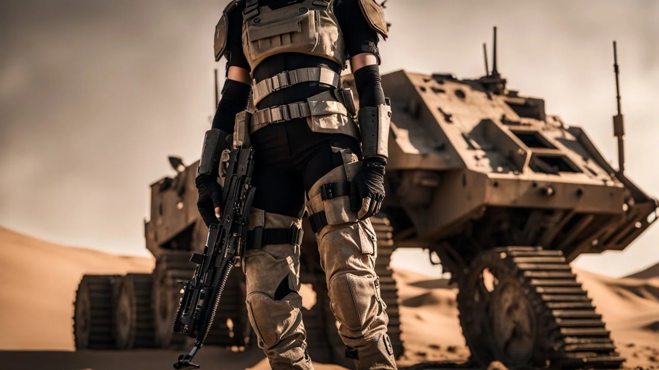 beautiful caucasian female soldier, black metal body and limbs, visible cybernetic limbs, scratched sand camo metal details, short brunette wavy bob haircut, dystopian, desert scene