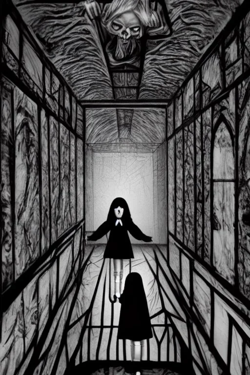 Wednesday Adams in 3d scary dark room Escher style