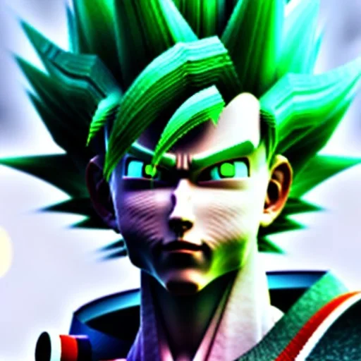 Son-goku with white hair in a green field, cyberpunk close-up, unreal engine