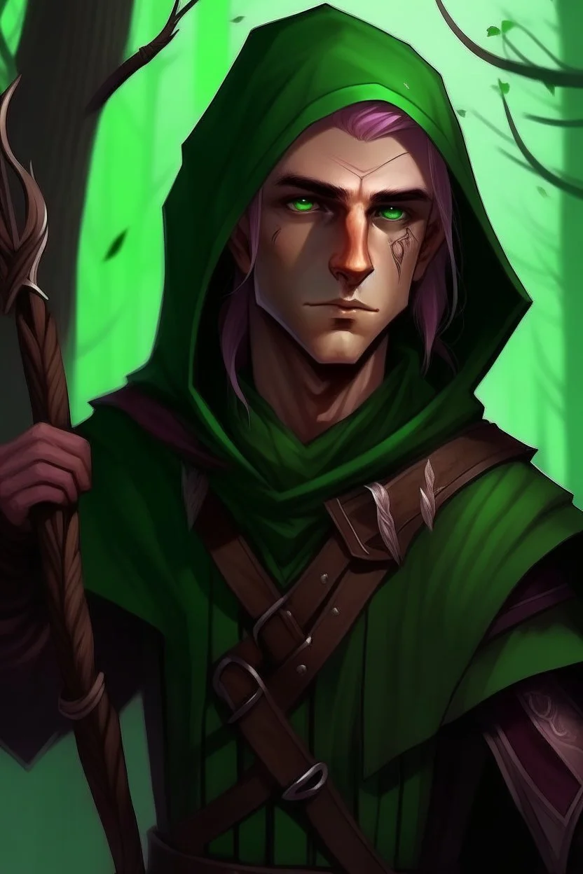 Male wood elf, rogue assassin, light brown skin, bright green eyes, mauve hair, hooded all black leather, sneaky, trees, stoner, long bow