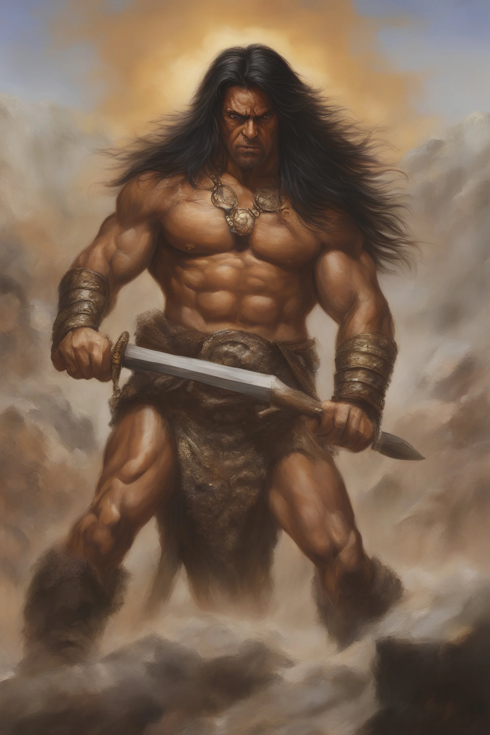 A giant Barbarian, Sandals, (extremely muscular), (Long_flowing_straight_Black_hair), suntanned-skinned, dark_golden_suntanned_skin, earrings, Jewelry, ((chainmail)), extreme action poses, Fighting barbarians, Prehistoric Background, oil on canvas, by Scott Alan Kendall, Amazing, finely detailed, perfect composition, extremely detailed, Original, extremely highres, realistic, best quality, ultra-detailed, Standing up, dark, cloudy skies, mist, fog, majestic mountain peaks,