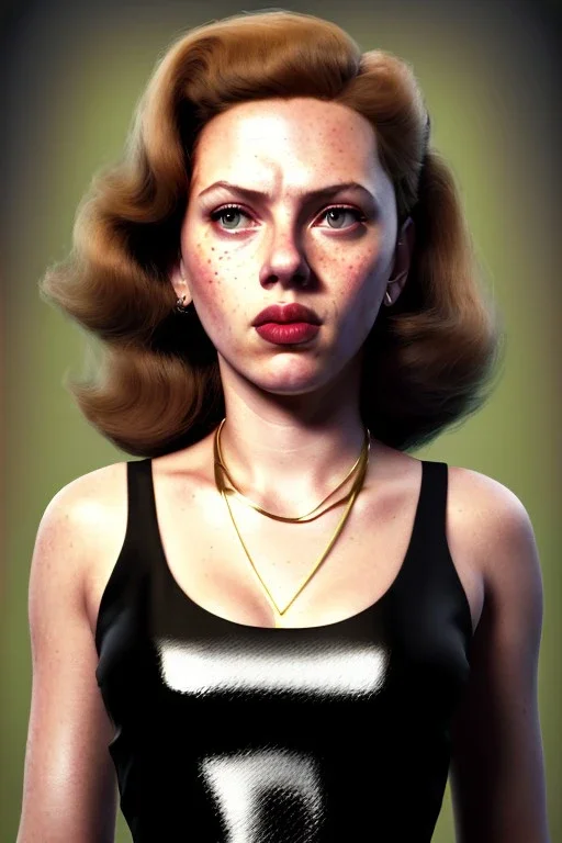 retro portrait image from 1960, New York explosion, long hair, young Scarlett Johansson, classic black tight lycra suit, gold bracelet and belt, high heel boots, soft color, highly detailed, unreal engine 5, ray tracing, RTX, lumen lighting, ultra detail, volumetric lighting, 3d, finely drawn, high definition, high resolution.